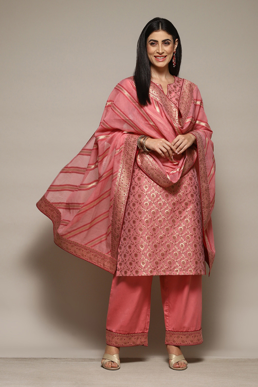 Blush Pink Cotton Yarn-Dyed Floral Straight Suit Set